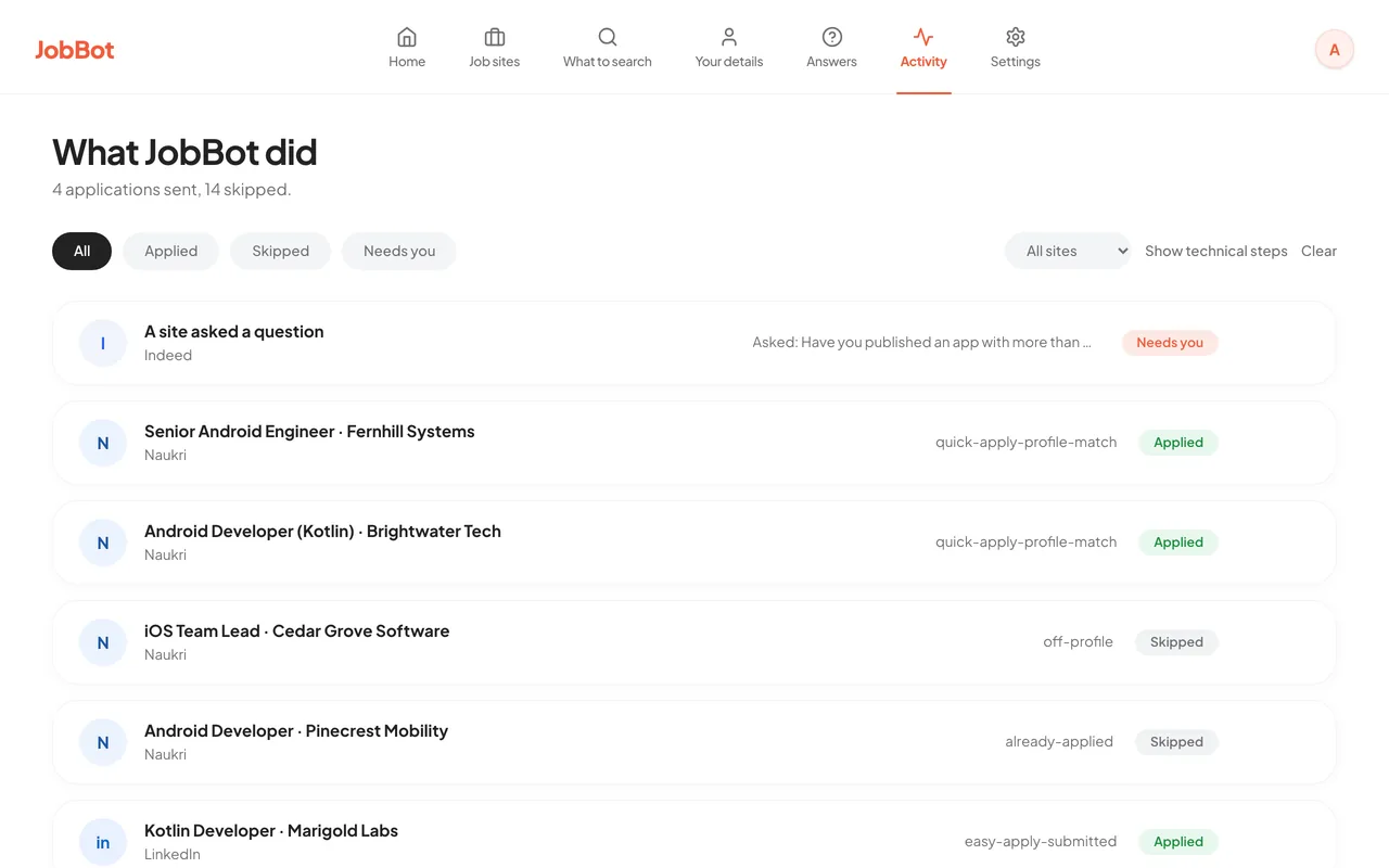 JobBot Activity screen after a run: each job with its site, the reason for the decision, and an Applied, Skipped or Needs you label.