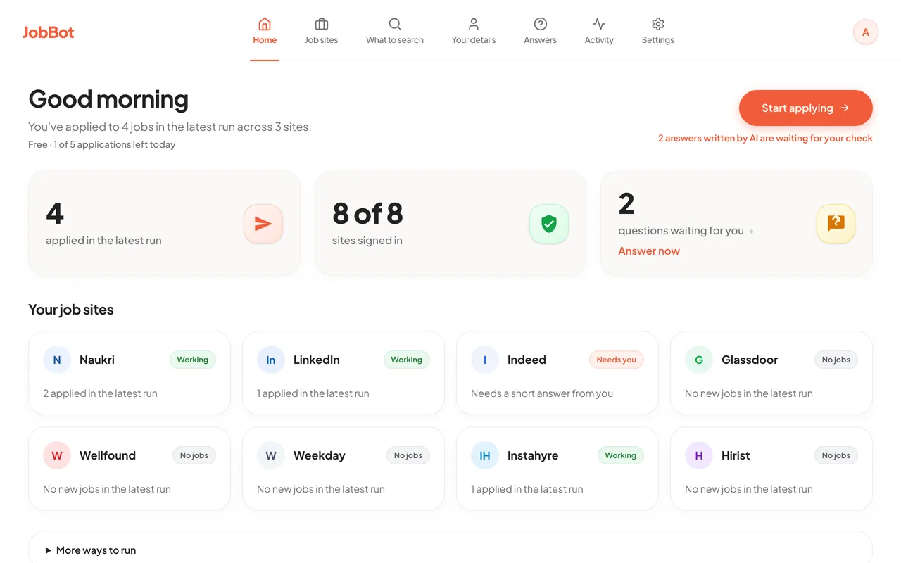 JobBot Home screen: applications sent in the latest run, the free plan line showing applications left today, sites signed in, questions waiting, and a status card for each of the eight job sites.